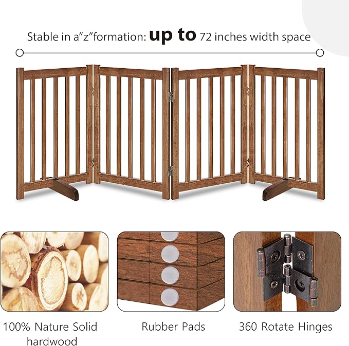 LZRS Freestanding Extra Wide Dog Gate 30 inch Tall - 4 Panels Solid Wooden Pet Gate for Doorways, Stairs, Hallways,Kitchens& Long Areas, Expandable & Foldable with Support Feet,Indoor Use,Oak