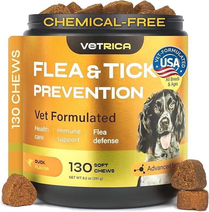 Flea and Tick Prevention for Dogs - with Neem 9,750 mg per Pack - No Chemicals - Flea and Tick Control Oral Pills for All Dogs and Puppies - Chewable Skin and Coat Supplement - 130 Soft Duck Treats