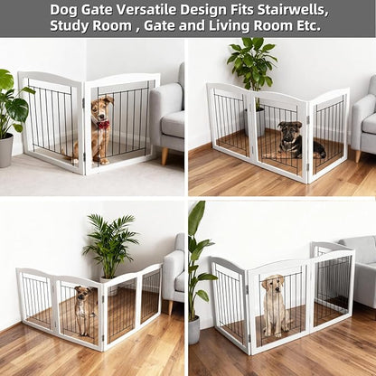 ZJSF Freestanding Foldable Dog Gate - Extra Wide Wooden White Puppy Gate - 2 Panels Pet Fence