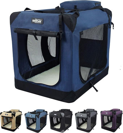 EliteField 3-Door Folding Soft Dog Crate with Carrying Bag and Fleece Bed (2 Year Warranty), Indoor & Outdoor Pet Home (30" L x 21" W x 24" H, Navy Blue)