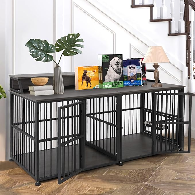 72 Inch Dog Crate Furniture for 2 Dogs, Wooden Dog Kennel Furniturewith Storage Shelf & Bowls, Heavy Duty Dual Dog Kennel End Table, Sturdy Dog Cage Furniture Dog Crate with Divider