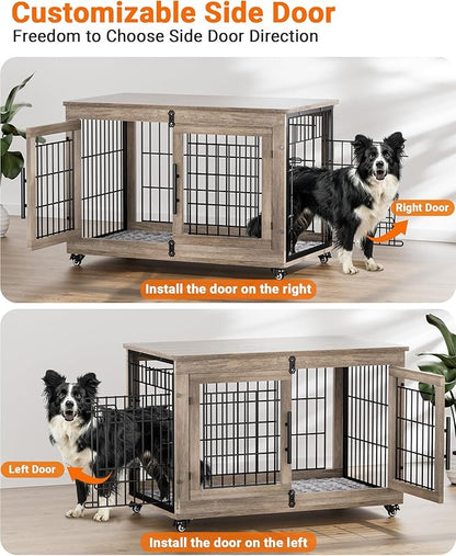 Dog Crate Furniture with Cushion Set of 2, Large Wooden Dog Kennel Indoor with Double Doors, Dog Cage with Wheels, Dog House Side End Table for Large Medium Dogs up to 70 lb, 38.5” L, Grey