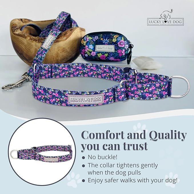 Lucky Love Dog Martingale Dog Collar - Adjustable, No-Slip, Durable, & Soft Webbing Collar for Male and Female Dogs Ideal for Training & Walking - Primrose, Medium