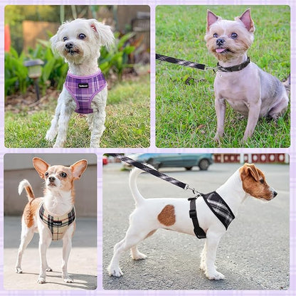 SCENEREAL No Pull Dog Harness Collar and Leash Set for Small Sized Dogs, Soft Mesh Plaid Puppy Harnesses, Pet Vest for Outdoor Walking Training and Running, Beige XS