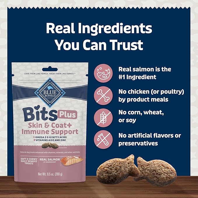 Blue Buffalo Blue Bits Plus Skin & Coat and Immune Support Daily Benefit Dog Treats, Soft & Chewy Salmon Morsels, 9.5-oz. Bag