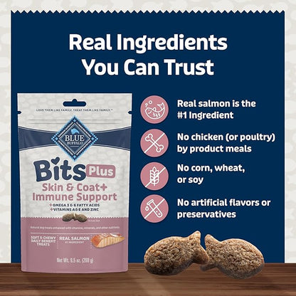 Blue Buffalo Blue Bits Plus Skin & Coat and Immune Support Daily Benefit Dog Treats, Soft & Chewy Salmon Morsels, 9.5-oz. Bag