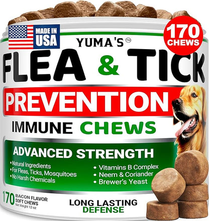 Flea and Tick Prevention for Dogs Chewables - 170 Treats - Natural Dog Flea and Tick Treatment Chewable Supplement - Oral Pills - All Breeds & Ages - Soft Chews - Made in USA - Bacon Flavor