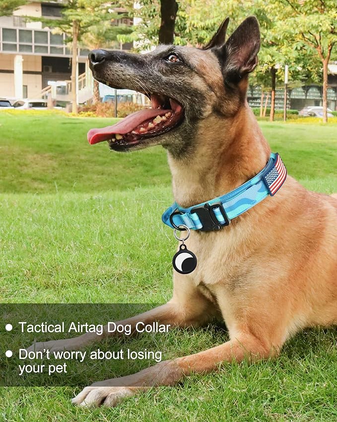 Hotsky Tactical Dog Collar, Adjustable Military Training Nylon Airtag Collar with Handle and Heavy Duty Metal Buckle for Medium Large Dogs, with Airtag Holder and Two Patches（Blue Camo,L）