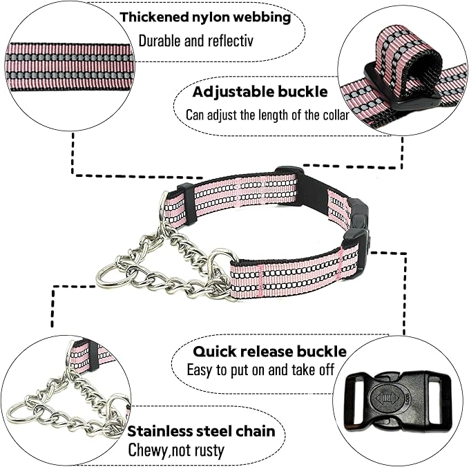 Martingale Dog Collars, Reflective Nylon Collar with Stainless Steel Chain, Adjustable Walking Training Dog Collars with Quick Release Buckle, Suitable for Small Medium Large Dogs(Pink,L)