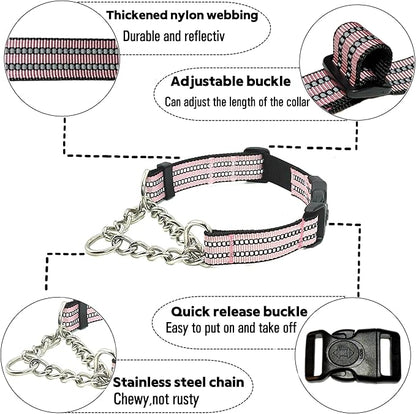 Martingale Dog Collars, Reflective Nylon Collar with Stainless Steel Chain, Adjustable Walking Training Dog Collars with Quick Release Buckle, Suitable for Small Medium Large Dogs(Pink,M)