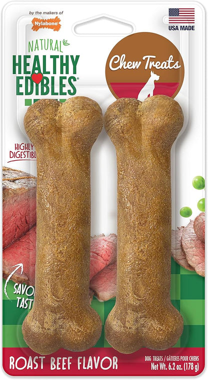 Nylabone Healthy Edibles Natural Dog Chews Long Lasting Roast Beef Flavor Treats for Dogs, Medium/Wolf (2 Count)