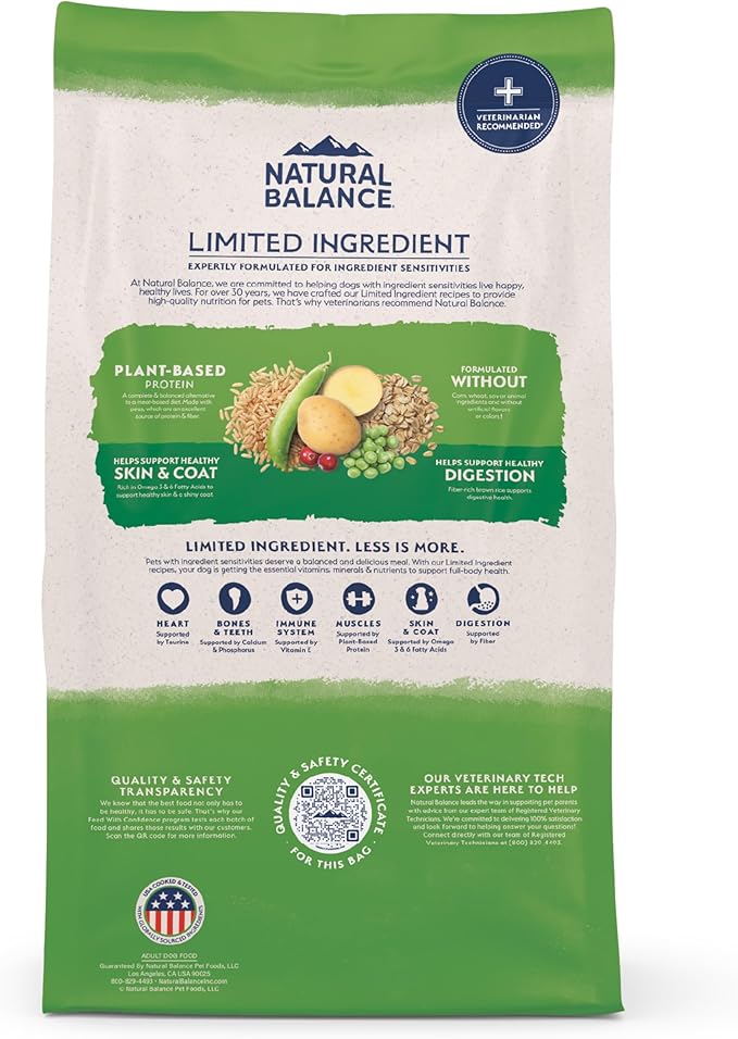 Natural Balance Limited Ingredient Adult Dry Dog Food with Vegan Plant Based Protein and Healthy Grains, Vegetarian Recipe, 12 Pound (Pack of 1)