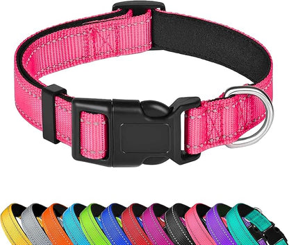 Reflective Dog Collar, Adjustable Soft Neoprene Padded Nylon Pet Collars with Buckle for Large Dogs, Hotpink,L