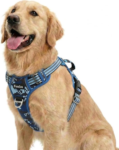 Funfox Dog Harness No Pull, Adjustable Pet Vest Harness, Super Soft Material with Vertical Handle Easy Control, Reflective Night Walking, 2 Leash Clips for Large Dogs, Mosaic Blue, L