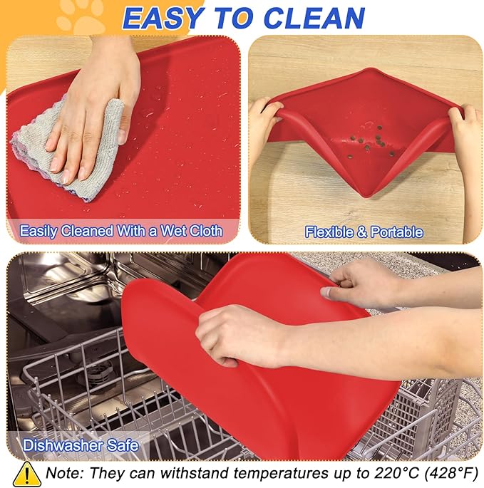 SMILOOL Silicone Pet Feeding Mat with Raised Edge for Food and Water, Dog Bowl Mats, Cat Bowls Placemat with High Lip for Floor Waterproof, Rubber Tray for Cats and Dogs 22 x 14 x0.8 Red