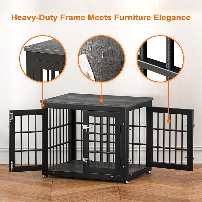 rehomerance 26 Inch Heavy Duty Dog Crate Furniture for Small Dogs, Decorative Pet House End Table, Wooden Cage Kennel Furniture Indoor, Gray