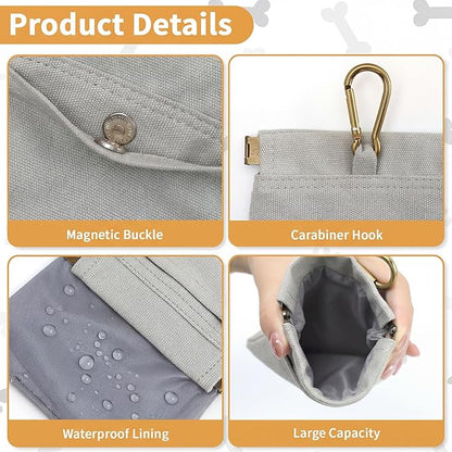Dog Treat Pouch, Hand Free Dog Training Treat Bag with Carabiner & Magnetic Buckle, Auto Closing Dog Walking Bag for Puppy Travel or Outdoor Use, Pet Feed Snack Reward Pocket, Grey