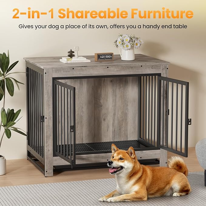 Derfullo Dog Crate Furniture, 38 Inch Indoor Dog Kennel for Medium Dogs Up to 50 LBS, Heavy Duty Wooden Pet Cage End Table with 3 Doors, Alloy Steel Frame & Removable Tray