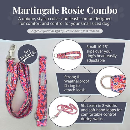 Lucky Love Dog Martingale Dog Collar & Leash - Adjustable, No-Slip, Durable, Comfortable, Soft Webbing, & Stylish Patterned Collar & Leash Set for Male and Female Dogs - Rosie Combo, Small