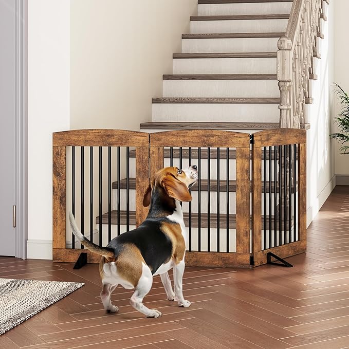 HOOBRO Indoor Dog Gate with Support Feet, Freestanding Pet Gate for Doorway, Stairs, 31.5 Inch 3 Panels, Folding Dog Fence, 360° Hinge for Easy Access, Sturdy Iron Pipe, Rustic Brown BF06PP03