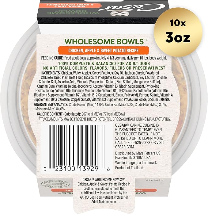 Cesar Wholesome Bowls Adult Wet Dog Food, Chicken, Apple & Sweet Potato Recipe, Wet Food for Dogs, 3 oz. Bowls, 10 Count
