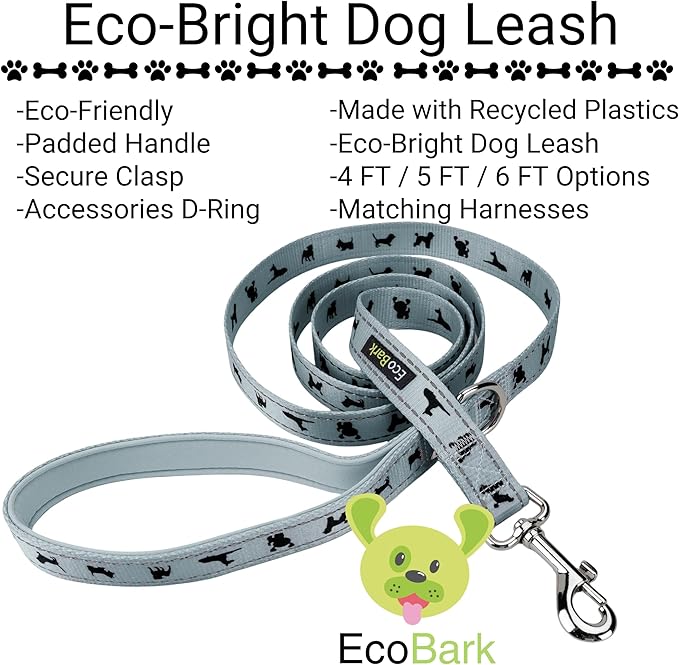 EcoBark Dog Leash - Soft & Reflective Comfort Leash with Padded Handle - Soft, Strong, &Durable for Small, Medium or Large Dogs (Gray)