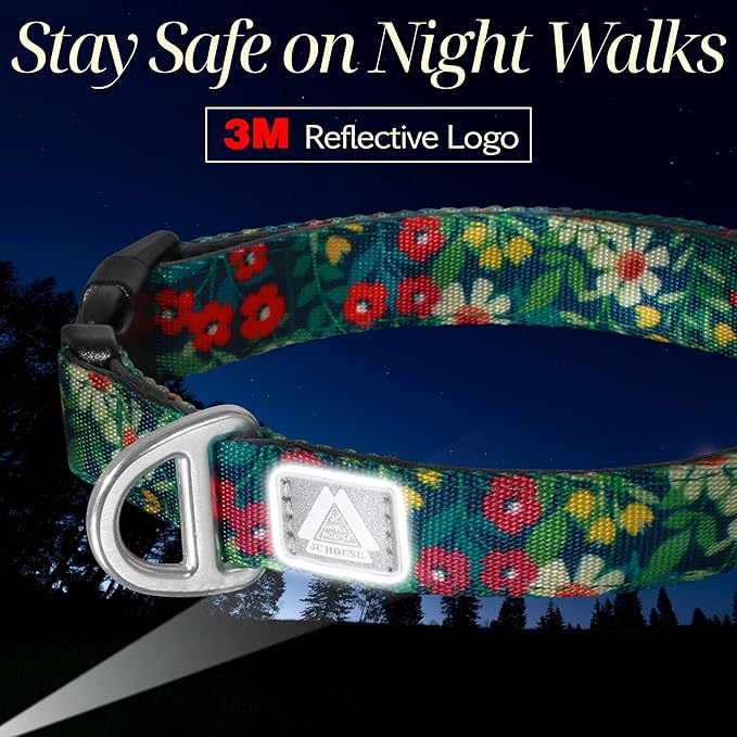 Medium Dog Collar with Reflective Logo and Soft Padded Neoprene,Floral Print Design, Adjustable,Lightweight & Durable, Neck Size 12’’-20’’ (Floral, M)