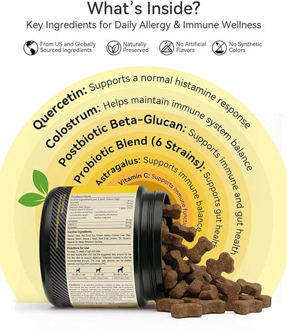 Dog Allergy Relief Chews – Daily Allergy & Immune Support with Quercetin, Colostrum & Probiotics, Helps Maintain Normal Histamine Response, Supports Skin & Coat Comfort, Gut Health, 120ct