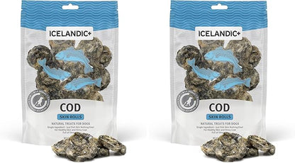 Icelandic+ Skin Rolls: Cod - 3oz Bag,Dog Treats,Pure Wild-Caught Air-Dried Fish,Ingredient Snacks,Pe Chews,Just The Fish Nothing Else,(Pack of 2)