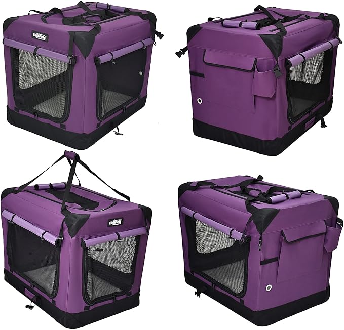 EliteField 4-Door Folding Soft Dog Crate with Curtains, Carrying Bag and Fleece Bed (2 Year Warranty), Indoor & Outdoor Pet Home (36" L x 24" W x 28" H, Purple+4 Door Curtains)