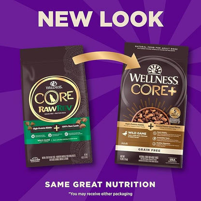 Wellness CORE+ Adult Dry Dog Food with Freeze Dried Pieces, Grain Free Kibble+, Natural, High Protein, Wild Game Duck, Lamb, Boar, and Rabbit Recipe, 4 lb Bag