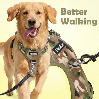Funfox Dog Harness No Pull, Adjustable Pet Vest Harness, Super Soft Material with Vertical Handle Easy Control, Reflective Night Walking, 2 Leash Clips for Small Sized Dogs, Camo Green, S