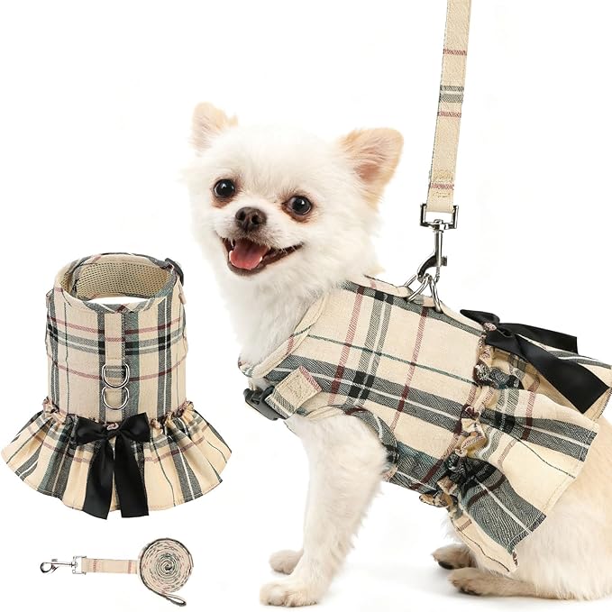 EXPAWLORER Dog Harness Small Medium Sized Dogs, Plaid Dog Dress Bowknot Harness and Leash Set, No Choke No Pull Soft Mesh Vest Cute Princess Puppy Outfits Clothes Costume for Girls Party Cats Beige S