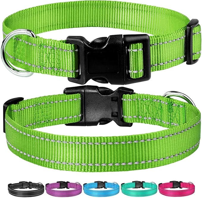 Reflective Dog Collar with Buckle Adjustable Safety Nylon Collars for Small Medium Large Dogs, Grass Green XXS