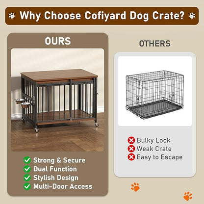 Cofiyard Dog Crate Furniture, 32’’ Wooden Dog Kennel Indoor with Sliding Front Door, Multi-Side Openings & Feeding Window Pet Cage House as TV Stand, End Table for Medium Dogs