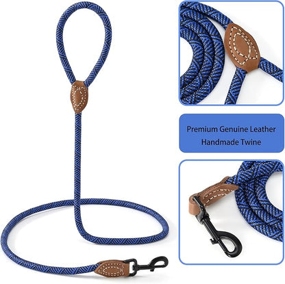 Mile High Life Rope Leash with Genuine Leather Connection, 6 FT/5 FT/4 FT, Heavy Duty Leash for Medium & Large Dogs (Blue, 72 Inch)