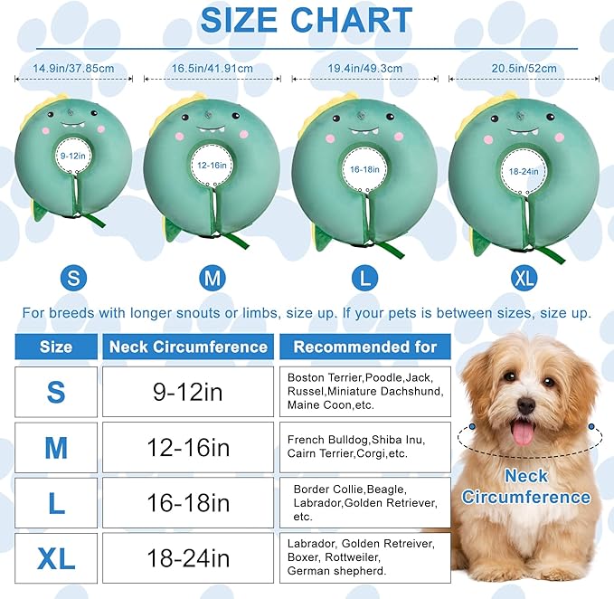 Dog Cone Inflatable Widen Dog Neck Donut Collar, Soft Cone Alternative After Surgery for Large Medium Small Dogs to Stop Licking, Dinosaur, Small