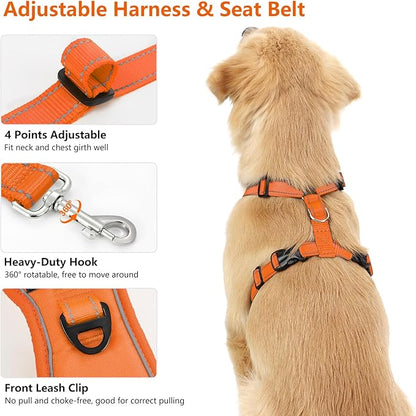 VavoPaw Dog Seat Belt Harness for Car, Dog Car Harness Adjustable Mesh Breathable & Dogs Seatbelt Safety Tether with Elastic Bungee for Small Medium Large Pets(Orange, S)