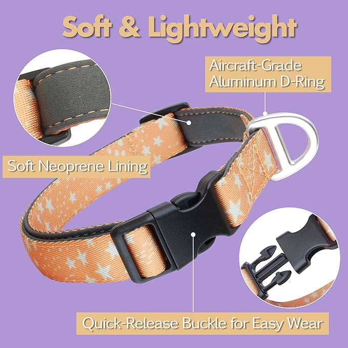 Fall Dog Collar, Cute Star Pattern Brown Collars for Girl & Boy, Reflective,Soft Padded Neoprene,Fully Adjustable,Durable & Lightweight Small Dog Collar, (Star, S)