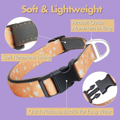 Fall Dog Collar, Cute Star Pattern Brown Collars for Girl & Boy, Reflective,Soft Padded Neoprene,Fully Adjustable,Durable & Lightweight Small Dog Collar, (Star, S)
