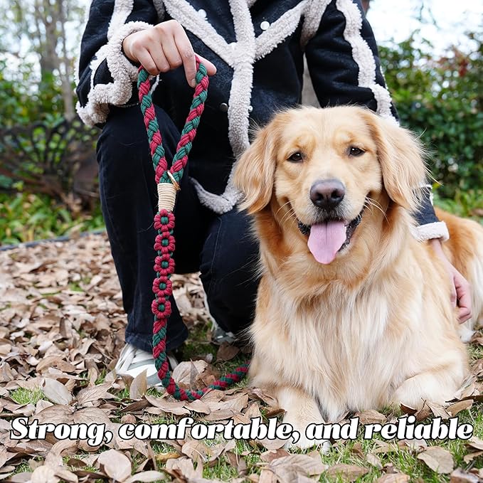 Handmade 5ft Braided Cotton Dog Leash with Unique Floral Handle, Durable and Stylish, Ideal for Small to Large Dogs, Blue & Yellow Twist (Yuletide Petals)