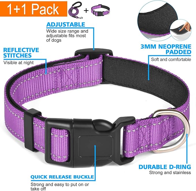 Ladoogo Reflective Dog Collar Padded with Soft Neoprene Breathable Adjustable Nylon Dog Collars for Small Medium Large Dogs (Small (Pack of 1), Purple Collar+Leash)