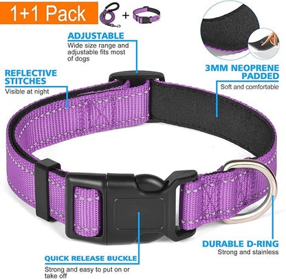 Ladoogo Reflective Dog Collar Padded with Soft Neoprene Breathable Adjustable Nylon Dog Collars for Small Medium Large Dogs (Small (Pack of 1), Purple Collar+Leash)
