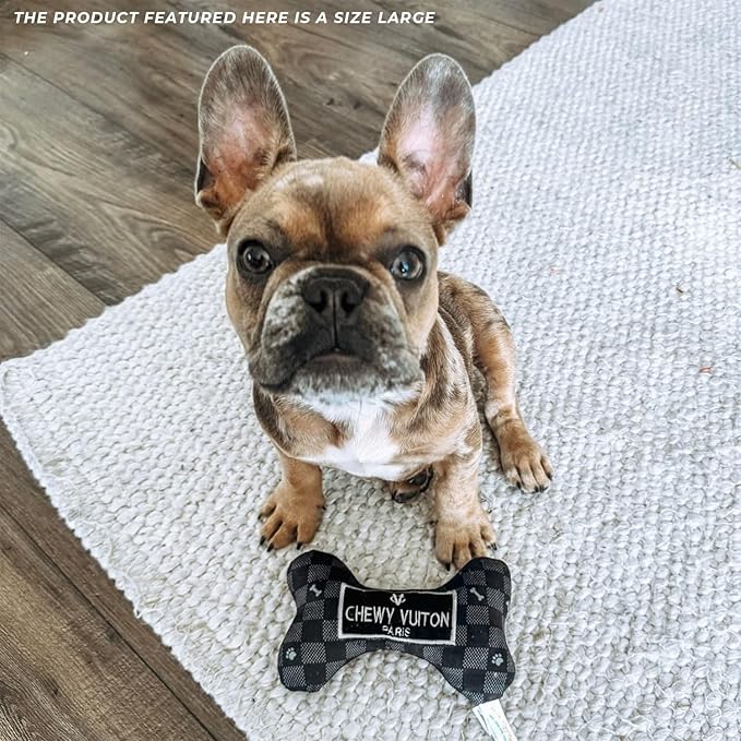 Haute Diggity Dog Chewy Vuiton Bone Plush Squeaky Dog Toy, Soft Durable Designer-Inspired Stuffed Puppy Chew Toys for Small & Medium Dogs, Machine-Washable (Black Checker) Small