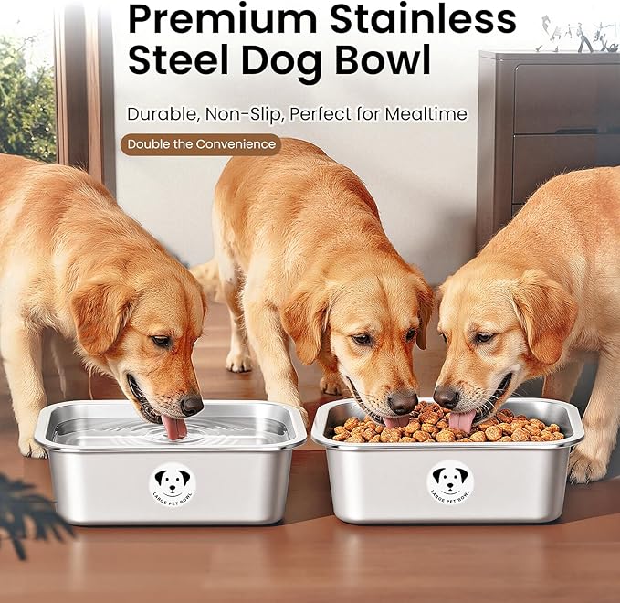 2 Pcs Stainless Steel Dog Bowls for Large Dogs, High Capacity Metal Dog Food Bowls, Food and Water Bowl for Large, X-Large, and Big Dogs 2.65 Gallons