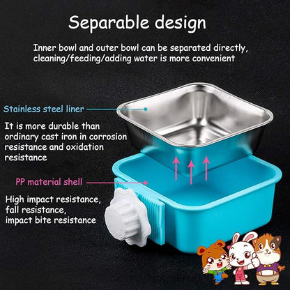 kathson 3PCS Crate Dog Bowl Hanging Cage Food Bowl Stainless Steel Removable Pet Food Spoon Water Feeder Bowls Coop Cup for Puppy Cat Bird Rabbit
