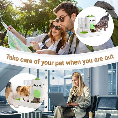 2-in-1 Gravity Pet Feeder & Water Dispenser for Cats Dogs - Large Capacity Cat Food Station with Water Bowl, Travel-Friendly (Green)