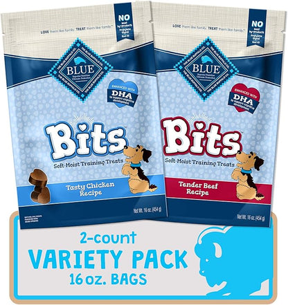 Blue Buffalo Blue Bits Natural Soft-Moist Training Dog Treats Chicken & Beef Recipes 16-oz Bag Variety Pack, 2ct