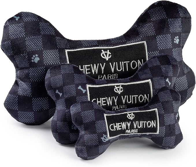 Haute Diggity Dog Chewy Vuiton Bone Plush Squeaky Dog Toy, Soft Durable Designer-Inspired Stuffed Puppy Chew Toys for Small & Medium Dogs, Machine-Washable (Black Checker) Small