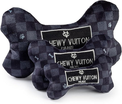 Haute Diggity Dog Chewy Vuiton Bone Plush Squeaky Dog Toy, Soft Durable Designer-Inspired Stuffed Puppy Chew Toys for Small & Medium Dogs, Machine-Washable (Black Checker) Small